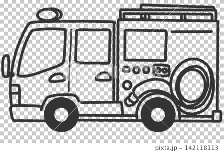 シンプルで可愛い手描きのポンプ車、消防車のモノクロアイコンイラスト 挿絵に使える車イラスト シンプルで可愛い手描きのポンプ車、消防車のモノクロアイコンイラスト 挿絵に使える車イラスト 142118113