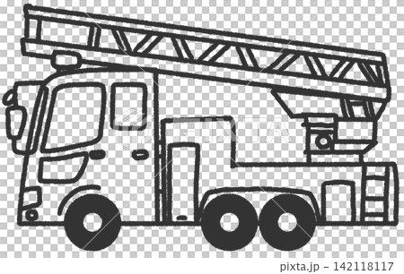 簡單可愛的手繪單色圖示插圖，包括雲梯車和消防車；可作為插圖使用的車輛插圖。 142118117