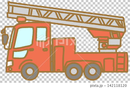 簡單可愛的手繪雲梯消防車和消防車圖示插圖；可作為插圖使用的車輛插圖。 142118120