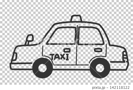 シンプルで可愛い手描きのタクシーのモノクロアイコンイラスト　挿絵に使える車イラスト 142118122
