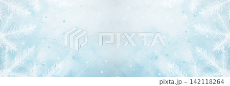 A blue watercolor background with white fir branches for creating web banners for the winter holidays. A blue watercolor background with white fir branches for creating web banners for the winter holidays. 142118264