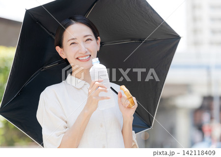 日傘をさして冷たい水を飲む女性 日傘をさして冷たい水を飲む女性 142118409