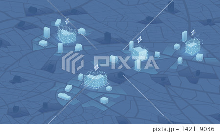 Isometric map of city districts highlighting active power plants and areas without electricity. Smart grid infrastructure Isometric map of city districts highlighting active power plants and areas without electricity. Smart grid infrastructure 142119036