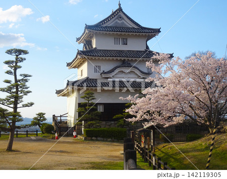 桜咲く丸亀城の天守閣と青空(香川県丸亀市) 桜咲く丸亀城の天守閣と青空(香川県丸亀市) 142119305