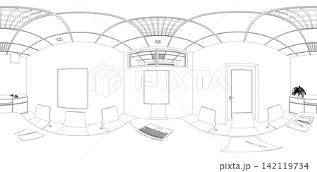 spherical panorama of the interior, contour visualization, 3D illustration, sketch, outline 142119734