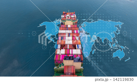Aerial view container cargo ship international industrial, Global business import export transportation logistic by container cargo ship, Sea fright shipping industry, Container cargo freight shipping Aerial view container cargo ship international industrial, Global business import export transportation logistic by container cargo ship, Sea fright shipping industry, Container cargo freight shipping 142119830