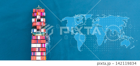Aerial view container cargo ship freight shipping international, Global business freight shipping import export logistic transportation container cargo ship, Container cargo ship sea freight. Aerial view container cargo ship freight shipping international, Global business freight shipping import export logistic transportation container cargo ship, Container cargo ship sea freight. 142119834