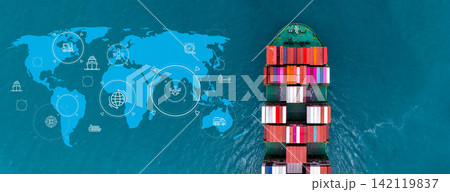 Aerial view container cargo ship international industrial, Global business import export transportation logistic by container cargo ship, Sea fright shipping industry, Container cargo freight shipping Aerial view container cargo ship international industrial, Global business import export transportation logistic by container cargo ship, Sea fright shipping industry, Container cargo freight shipping 142119837