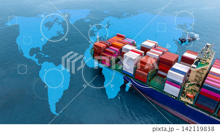 Aerial view container cargo ship international industrial, Global business import export transportation logistic by container cargo ship, Sea fright shipping industry, Container cargo freight shipping Aerial view container cargo ship international industrial, Global business import export transportation logistic by container cargo ship, Sea fright shipping industry, Container cargo freight shipping 142119838
