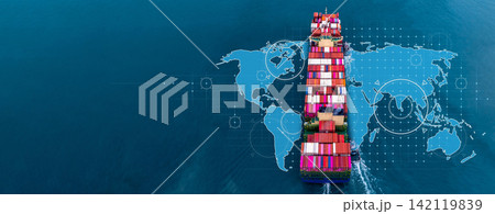 Aerial view container cargo ship international industrial, Global business import export transportation logistic by container cargo ship, Sea fright shipping industry, Container cargo freight shipping Aerial view container cargo ship international industrial, Global business import export transportation logistic by container cargo ship, Sea fright shipping industry, Container cargo freight shipping 142119839