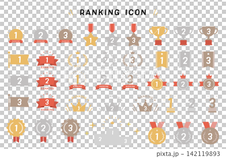 粗略設計的排名圖示:獎盃、獎牌、皇冠、絛帶、金幣、向量圖。 粗略設計的排名圖示:獎盃、獎牌、皇冠、絛帶、金幣、向量圖。 142119893