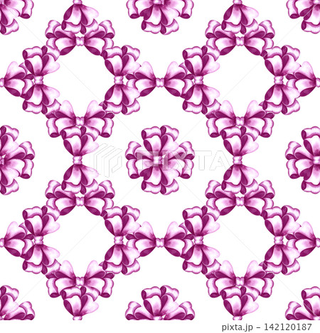 A seamless pattern of pink ribbon bows. A hand painted watercolor illustration. Perfect for textiles, clothing, tablecloths and curtains, wrapping paper, wallpaper, and much more. A seamless pattern of pink ribbon bows. A hand painted watercolor illustration. Perfect for textiles, clothing, tablecloths and curtains, wrapping paper, wallpaper, and much more. 142120187