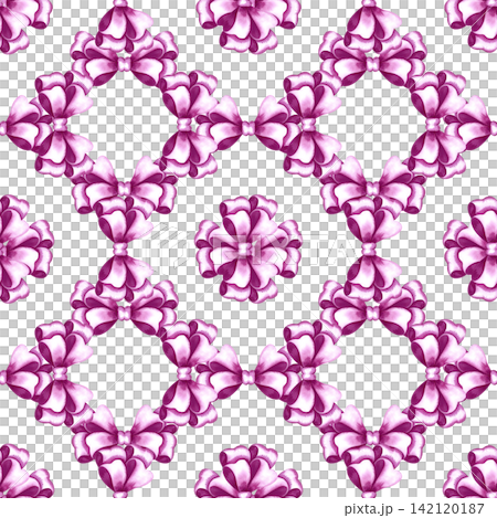 A seamless pattern of pink ribbon bows. A hand painted watercolor illustration. Perfect for textiles, clothing, tablecloths and curtains, wrapping paper, wallpaper, and much more. A seamless pattern of pink ribbon bows. A hand painted watercolor illustration. Perfect for textiles, clothing, tablecloths and curtains, wrapping paper, wallpaper, and much more. 142120187