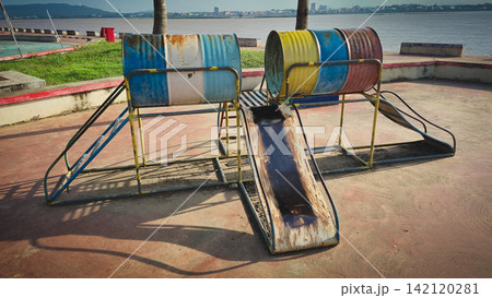 Repurposed Industrial Playground Recycled Barrels Sustainable Recreational Design Repurposed Industrial Playground Recycled Barrels Sustainable Recreational Design 142120281