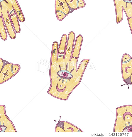 Esoteric seamless pattern mystical hand with evil eye symbol, magical butterflies. Watercolor hand drawn Spiritual bohemian background in pastel color. Isolated illustration for occult stationery Esoteric seamless pattern mystical hand with evil eye symbol, magical butterflies. Watercolor hand drawn Spiritual bohemian background in pastel color. Isolated illustration for occult stationery 142120747