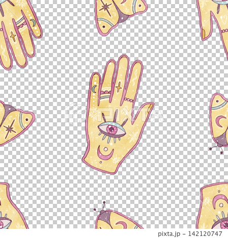 Esoteric seamless pattern mystical hand with evil eye symbol, magical butterflies. Watercolor hand drawn Spiritual bohemian background in pastel color. Isolated illustration for occult stationery Esoteric seamless pattern mystical hand with evil eye symbol, magical butterflies. Watercolor hand drawn Spiritual bohemian background in pastel color. Isolated illustration for occult stationery 142120747