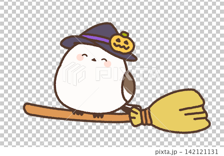 一隻微笑的長尾山雀，戴著萬聖節帽子，騎著掃帚。 142121131