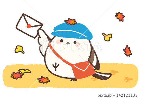手紙を持って紅葉の舞う道を配達に歩くシマエナガ 手紙を持って紅葉の舞う道を配達に歩くシマエナガ 142121135