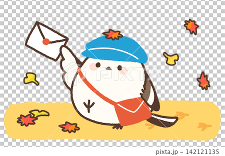 手紙を持って紅葉の舞う道を配達に歩くシマエナガ 手紙を持って紅葉の舞う道を配達に歩くシマエナガ 142121135