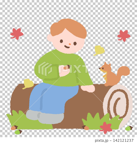 秋の森でどんぐりを拾う子どもとリスのイラスト 142121237