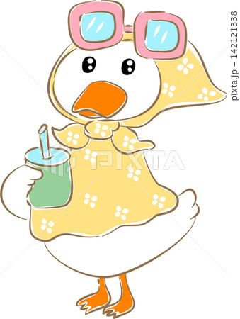 Cute duck holding a drink cup summer vector illustration Cute duck holding a drink cup summer vector illustration 142121338