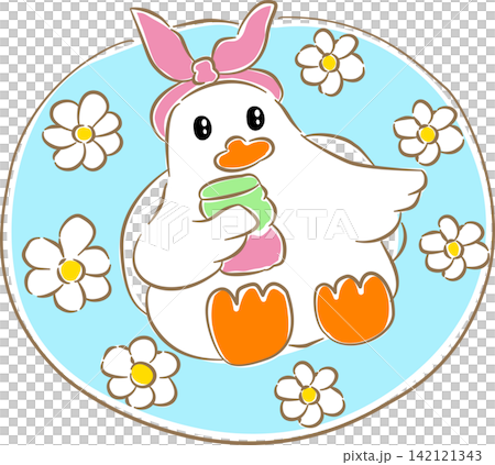 Duck sleeping on blue floral swim ring holding drink Duck sleeping on blue floral swim ring holding drink 142121343