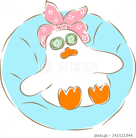 Cute white duck relaxing on blue swim ring vector 142121344
