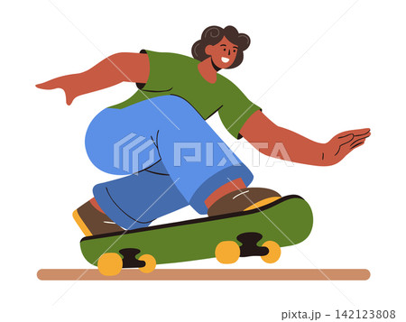A vivid illustration of a smiling young man on a skateboard shows an active lifestyle, sports and extreme skating. Vector graphics A vivid illustration of a smiling young man on a skateboard shows an active lifestyle, sports and extreme skating. Vector graphics 142123808