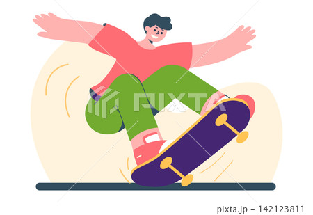 A boy performing a skateboard trick, dynamic motion, urban sport. Flat vector illustration with bright colors, minimalistic design, no shadows A boy performing a skateboard trick, dynamic motion, urban sport. Flat vector illustration with bright colors, minimalistic design, no shadows 142123811