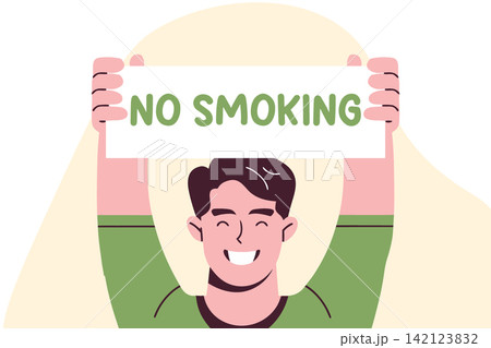 A man holds a poster NO smoking. The Great American Smokeout. Vector A man holds a poster NO smoking. The Great American Smokeout. Vector 142123832