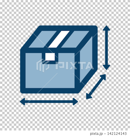 A cube icon with an arrow representing the size of luggage or boxes. A cube icon with an arrow representing the size of luggage or boxes. 142124143