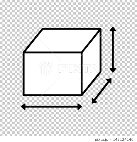 荷物や箱のサイズ計測を表す矢印付きの立方体アイコン 142124146