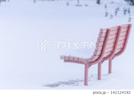 雪に覆われた冬の公園の赤いベンチ 142124192
