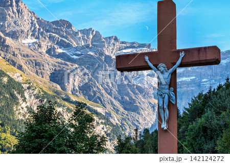The church Notre Dame du Bon Port with cemetery in the mountain village Gavarnie-Gedre in Hautes-Pyrenees, France. The church Notre Dame du Bon Port with cemetery in the mountain village Gavarnie-Gedre in Hautes-Pyrenees, France. 142124272