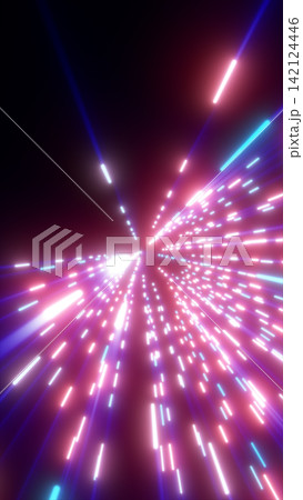Bright pink, blue, and white light streaks rush through an abstract futuristic tunnel, conveying acceleration, energy, and high-speed travel. 142124446