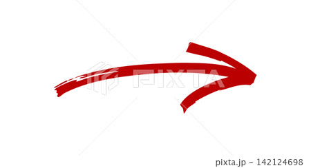 Red paint brush hand drawn arrow in grunge style with distressed stroke of paint 142124698
