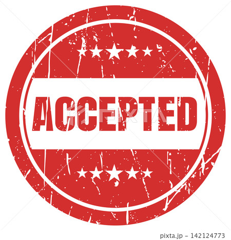Accepted red circular stamp with five star icons and distressed texture for approval tag. 142124773