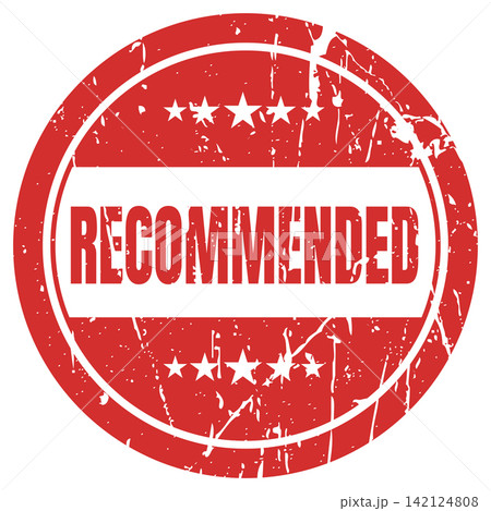 Red circular recommended stamp with stars and distressed texture for endorsement. 142124808