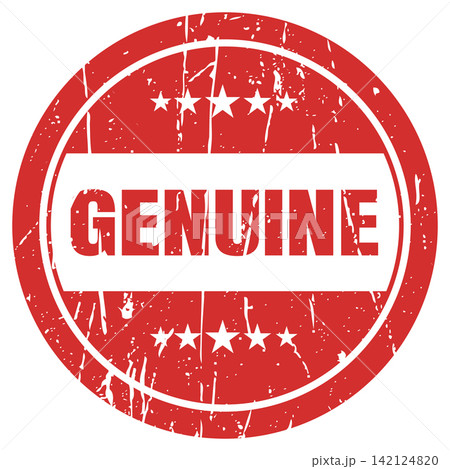 Red distressed circular stamp with word genuine and five stars. 142124820