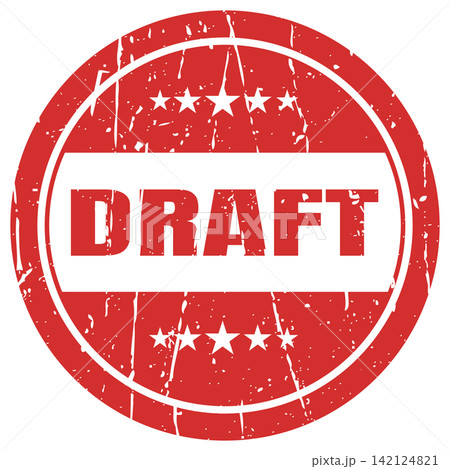 Red distressed round rubber stamp with white text draft and stars grunge effect. 142124821