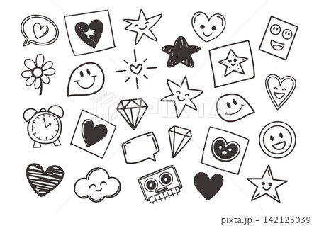 Set of hand drawn doodle icons. Stars, hearts and others. Black and white illustration. Set of hand drawn doodle icons. Stars, hearts and others. Black and white illustration. 142125039