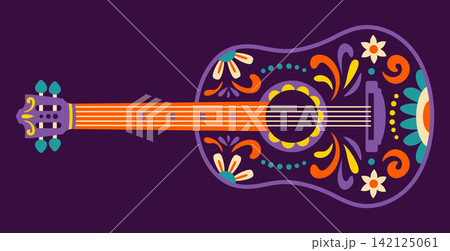 Decorated Mexican guitar with floral pattern inspired by Dia de los Muertos. Traditional Mexico festival symbolic for Death celebration. Mexican folk illustration of the calavera musical instrument. Decorated Mexican guitar with floral pattern inspired by Dia de los Muertos. Traditional Mexico festival symbolic for Death celebration. Mexican folk illustration of the calavera musical instrument. 142125061