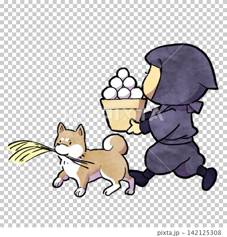 A ninja carrying moon-viewing dumplings as a token of gratitude for the autumn harvest on the night of the Mid-Autumn Festival (the 15th night of the lunar month), and a Shiba Inu dog with a pampas grass in its mouth. 142125308