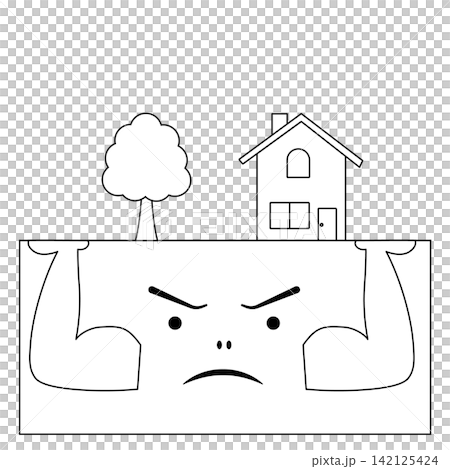 A line drawing of a character representing a sturdy foundation that powerfully supports a house and trees. A line drawing of a character representing a sturdy foundation that powerfully supports a house and trees. 142125424