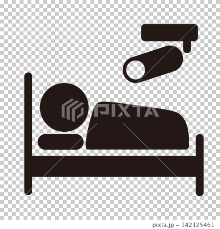 Pictogram illustration of an elderly person sleeping in bed and a monitoring camera. Pictogram illustration of an elderly person sleeping in bed and a monitoring camera. 142125461