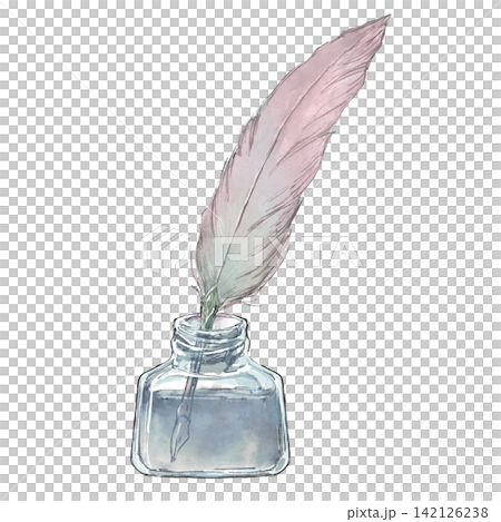 インク瓶と羽根ペンの水彩イラスト 142126238