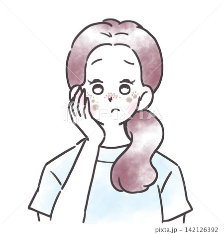 お肌に悩みを抱えた女性のイラスト シミ お肌に悩みを抱えた女性のイラスト シミ 142126392