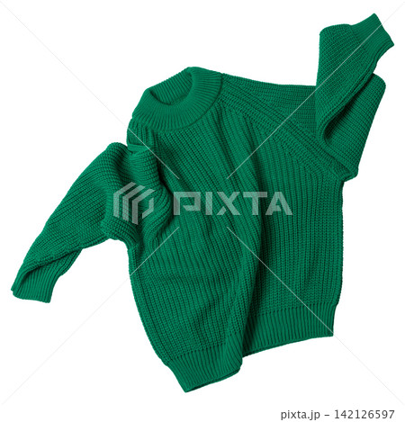 Emerald green round neck knitted sweater isolated on white background. Chunky oversized wool pullover flat lay top view studio shot 142126597