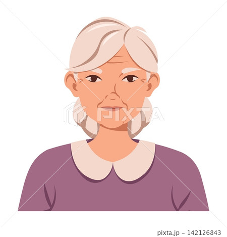 Kind Grandmother with White Collar Dress and Soft Smile. Flat Style Vector Senior Woman Illustration on White Background. Portrait for Avatar Set, Greeting Card, Senior Care Brochure and Print Kind Grandmother with White Collar Dress and Soft Smile. Flat Style Vector Senior Woman Illustration on White Background. Portrait for Avatar Set, Greeting Card, Senior Care Brochure and Print 142126843