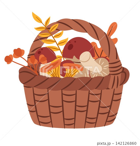 Wicker Basket with Forest Mushrooms and Autumn Leaves. Flat Style Vector Illustration in Warm Brown Tones on White Background. Sticker and Illustration for Foraging Guide, Market Label and Print 142126860